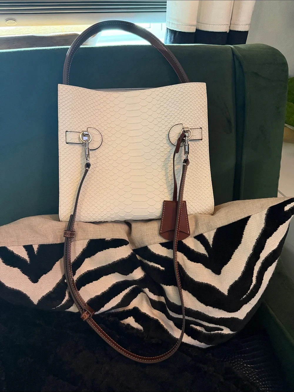 Small Tory Burch Lee Radziwill white Python-Embossed Top-Handle Bag.
